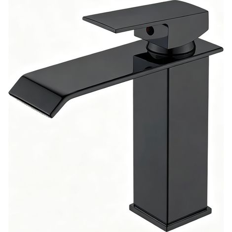 Robinet de Lavabo Cascade Noir Mat en Acier Inoxydable 304 - Mitigeur Chaud/Froid Carré avec Cartouche en Laiton (Modèle Bas - 8005B) (1/5)