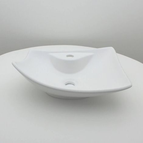 Rue Du Bain – Vasque à poser céramique blanche mat 49x38 cm – Forme feuille asymétrique – Sans trop-plein – Plage de robinetterie percée (1/5)