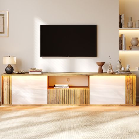 TV Lowboard (180x40x51 cm), mit 2 Türen, 1 Schublade und LED Beleuchtung, MDF und Spanplatte, Weiß und Naturholz (1/5)