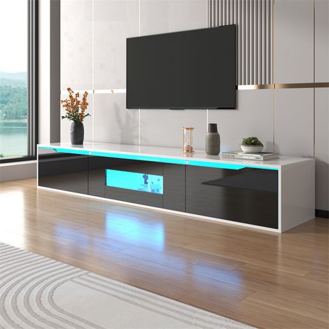 Fortuna Lai – Meuble TV moderne noir et blanc 180x30x35cm – Finition brillante – Éclairage LED 16 couleurs – Portes cannelées pour effet visuel (1/5)