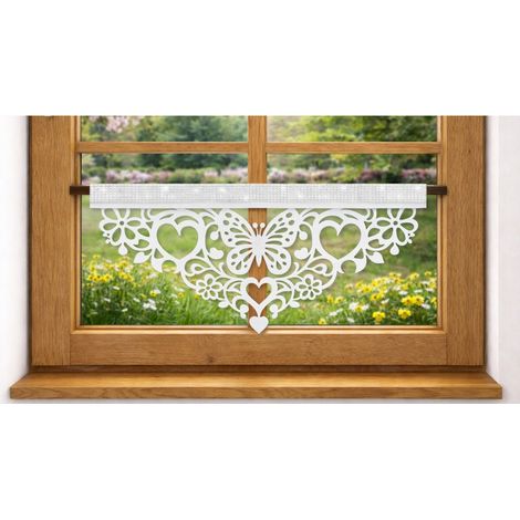 Küchengardine, Umschlagform D91, Frühlings-Schmetterlingsmuster, 60 x 30 cm, weiß
