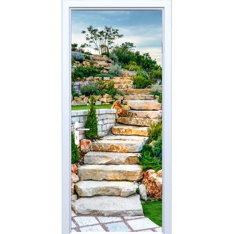 Adhesivo de tela para puerta con diseño de escalones de piedra en el jardín 694PD