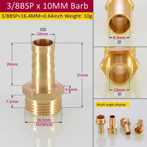 Raccord de tuyauterie en laiton (3l8BSP 10 mm Barb-CN) 6/8/Tuyau, embout cannelé BSP mâle, connecteur, joint, coupleur en cuivre, adaptateur (1/5)