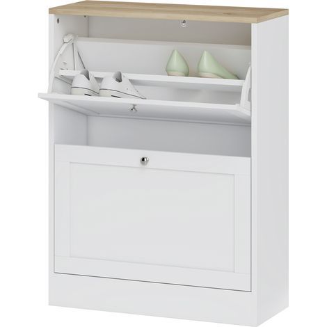 Schuhschrank für 12 Paar Schuhe. Flurschrank mit 2 Klappschubladen und verstellbaren Einlegeböden. 60 x 23,5 x 80 cm. Weiß.