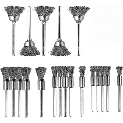 20-teiliges Drahtbürsten-Set für Bohrmaschinen – 4 Größen (3 mm Schaft) – Glattes Metallbürsten-Set zum Entlacken und Reinigen von Holz und Metall – Professionelles Reinigungswerkzeug (1/5)