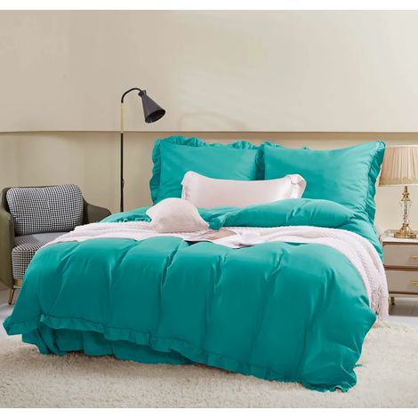 Drap-housse 160x200 cm à volants + 2 taies d'oreiller 70x80 cm turquoise uni (1/5)