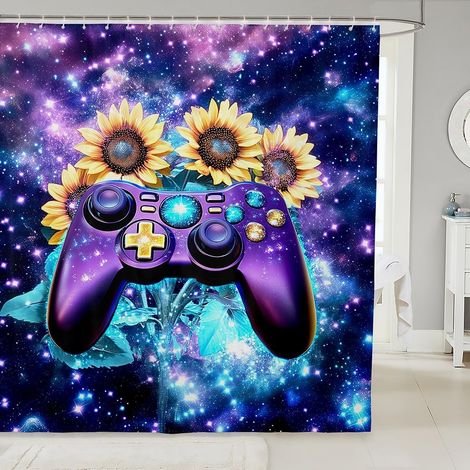 Console de Jeux Garçon Tissu Rideau Douche 180x200cm,Jeu de Tournesol Rideau de Bain Fleur Galaxie Rideau de Douche,Garçon Salle de Bain Décoration Jeu Fleur Couleur - 180L X 200H cm (1 Panneaux) (1/5)