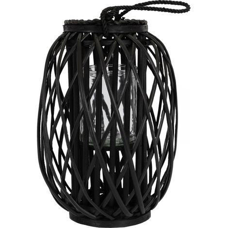 ECD Germany Laterne Ried mit Henkel, 40 x Ø 26 cm, Schwarz, Seilfaser, Flechtoptik, Windlicht mit Glaseinsatz, Retro-Laterne aus Korbgeflecht, Handgeflochtene Gartenlaterne Kerzenhalter Kerzenständer (1/4)