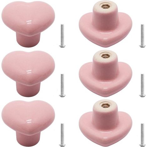 Poignées d'armoire en céramique - 4 x 3,6 x 3,1 cm - rose - avec vis - en forme de cœur - accessoires de meubles - pour tiroirs, armoires - 6 pièces (1/5)