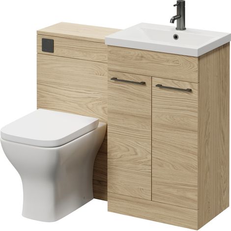 Napoli 390 Light Oak 1000mm 2 Door Vanity Unit Toilet Suite with Glide Basin - 1000mm - Gunmetal Grey 160mm HandleWith Kingston Toilet Pan and Seat