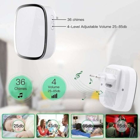 Campanello senza fili, campanello senza fili impermeabile a long raggio, set di campanelli with LED e melodie per il controllo del volume per casa, ufficio, hotel - 1 trasmettitore and 2 ricevitori in (1/4)