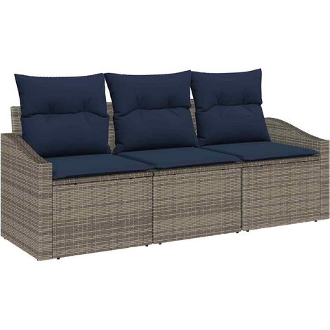 Gartensofa-set mit Kissen 3 pcs Grau und Marineblau Poly-Rattan vidaXL