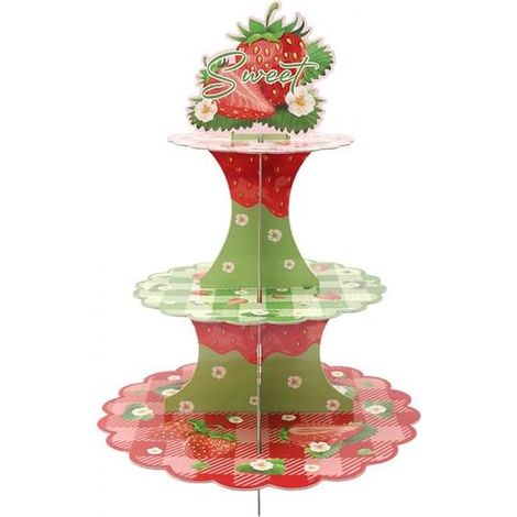 Présentoir à cupcakes à 3 étages sur le thème des fraises, idéal pour un premier anniversaire, une baby shower ou une fête d'été sur le thème des fruits rouges. Réutilisable en carton. (1/5)