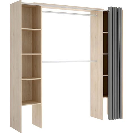 Mobimarket – Dressing extensible Dorian 110/180 cm – 10 niches et 2 penderies – Panneau de particule mélaminé – Rideau gris moderne (1/3)
