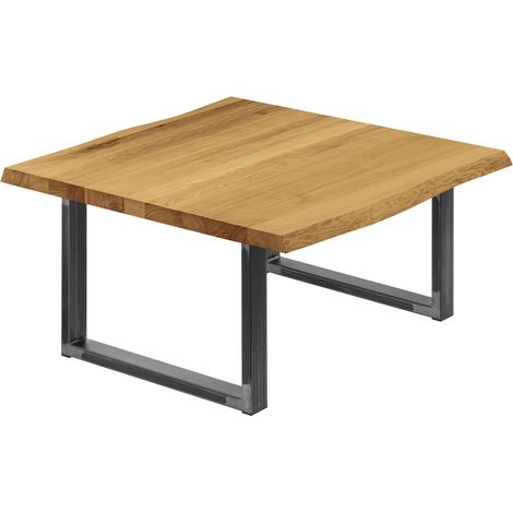 LAMO Manufaktur Esstisch Küchentisch, mit Baumkante 60x60x47 cm (AxBxH), Loft, Rustikal / Rohstahl mit Klarlack, LKB-01-A-003-0000L