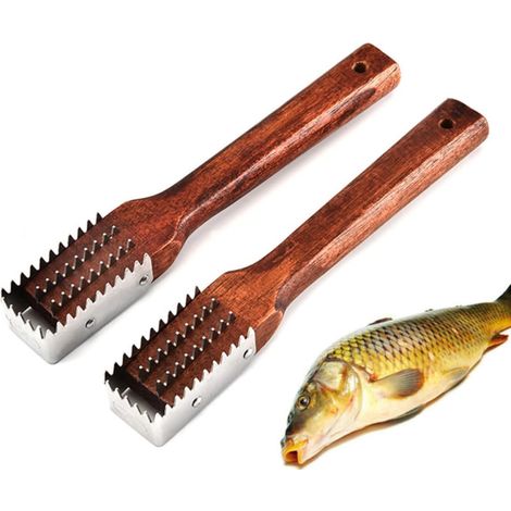 Grattoir à Écailles de Poisson Manche en Bois Marron en Acier Inoxydable Outil Portable pour Enlever Rapidement Écailles, Cuisine (1/5)