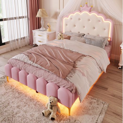 Lit enfant rembourré PU rose 140x200 cm, design princesse couronne, sommier à lattes et éclairage LED (1/5)