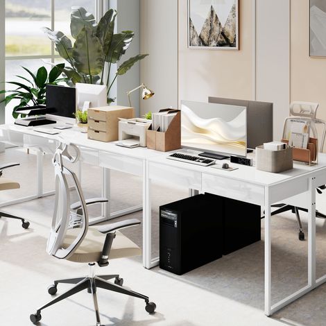 Bureau Moderne avec 2 Tiroirs et Pieds en Acier, 100x50x75 cm, Blanc Brillant (1/5)