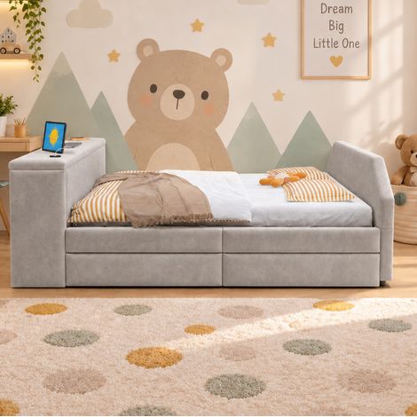 Cama nido infantil 140x200 cm terciopelo gris, escritorio USB, sin colchón – MEUBLIV (1/5)