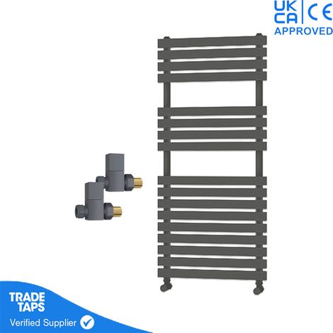 Designer Delta Anthracite Flat Panel Towel Radiator Heated Ladder Rail - 1106 x 500mm - Straight Manual Square Valve Pair (1/3)