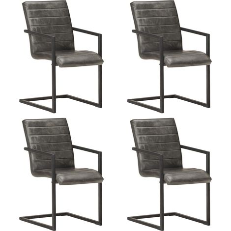 Chaises à manger cantilever lot de 4 gris cuir véritable (1/5)
