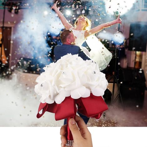 Bouquet de mariée artificiel en fleurs avec strass, décoration pour mariage ou maison (rouge vin) (1/5)