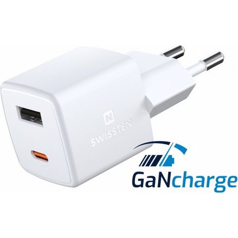 Swissten Mini cargador de viaje con tecnología GaN y carga rápida Qualcomm, Power Delivery 30 W, 1 x USB-C, 1 x USB, dimensiones 3 x 3 x 3 cm, compatible con smartphones iOS y Android, color blanco