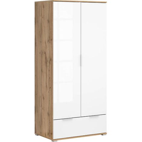 Armoire Placard de rangement à 2 portes avec tiroir,coloris Chêne wotan/Blanc brillant - Longueur 56,5 x Profondeur 31 x Hauteur 195 cm (1/5)