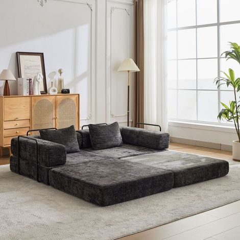 Canapé-Lit Couchage d'Appoint Structure à forme fixe Configuration modulaire Tissu chenille Coloris noir Assise au sol (1/5)