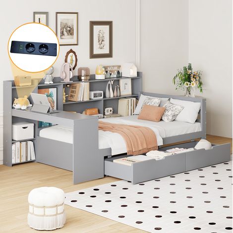 Lit simple 90x200 avec bureau et rangements gris HAVRYA (1/5)