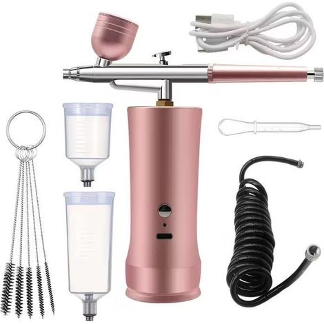 Kit Aérographe Multi Fonctions avec Compresseur: Kit Aérographe Sans Fil avec Compresseur d'air, Brosse à Air Rechargeable (Rose) (1/5)