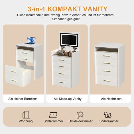 Coiffeuse 3-en-1 avec miroir ouvert, set de maquillage compact à plateau en verre transparent, table de toilette à 3 tiroirs pour chambre, dimensions L60 x H118 x P40 cm. (1/5)