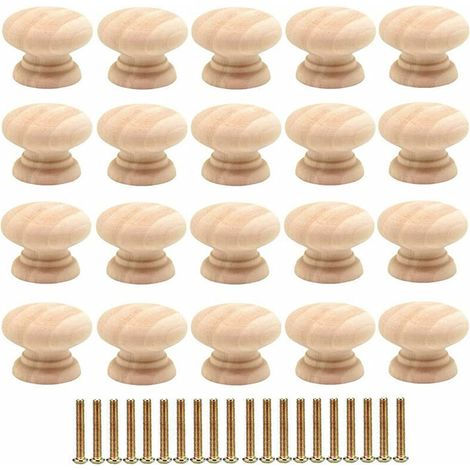 Lot de 20 Boutons de Tiroir Ronds de 35mm en Bois - Poignées pour Portes d'Armoires avec Vis (1/4)