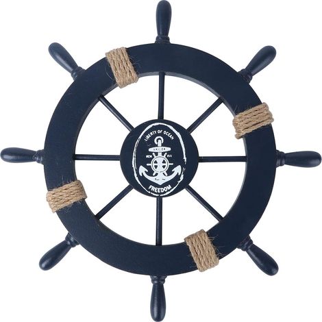 1 Stück dunkelblaues, wanddekoriertes Segelboot-Steuerrad aus Holz, Holz, dunkel