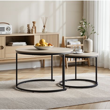 Set de 2 mesas bajas redondas nido, efecto roble, tablero 70 cm, metal negro, estilo moderno (1/5)