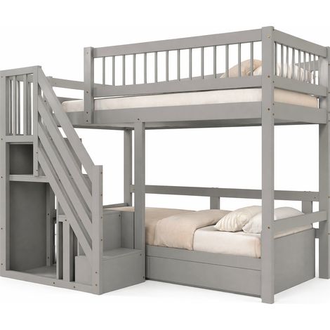 Lit Mezzanine Lit Simple avec Escalier de Rangement et Barrière 90×200 cm, sans Matelas, en Bois, Gris (1/4)