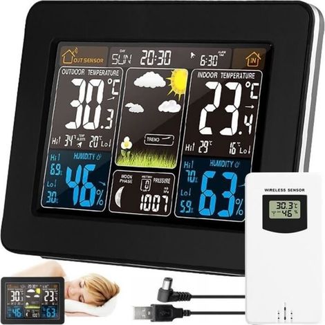 (Black)Retoo Wireless Radio Weather Station with Indoor/Outdoor Sensor, Thermometer, Hygrometer, Barometer, and Moon Phase (1/4)