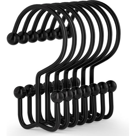 Crochets de Rideau de Douche, 12 Pièces d'Anneaux de Rideau de Douche, Crochets Noirs Antirouille et Durables, Anneaux pour Rideau de Douche, Double Glissière (1/4)