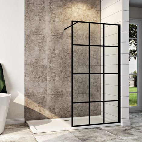 ELEGANT 900mm Shower Screen Matte Black Walkin Shower Enclosure Cubicle, Black Grid Painted, 8mm Tempered Toughened Glass with 900x1500mm SMC Tray and Waste Trap (1/5)