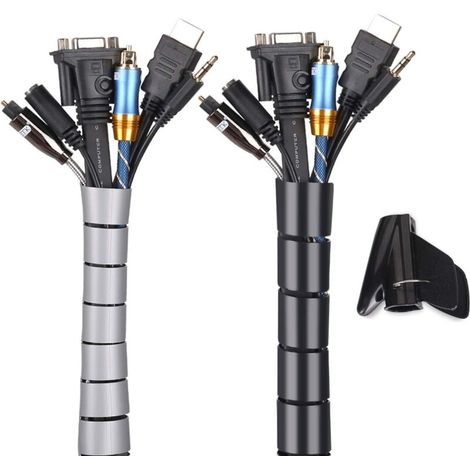 ZOLGINAH Cache Cable 2 Pack, Flexible Range Câble 2x1.5M PE Câble Rangement Organisateur de Câble pour Ranger ou Cacher les câbles, Gaine pour câbles (2.6cm Ø et 2.2cmØ),Noir et Gris