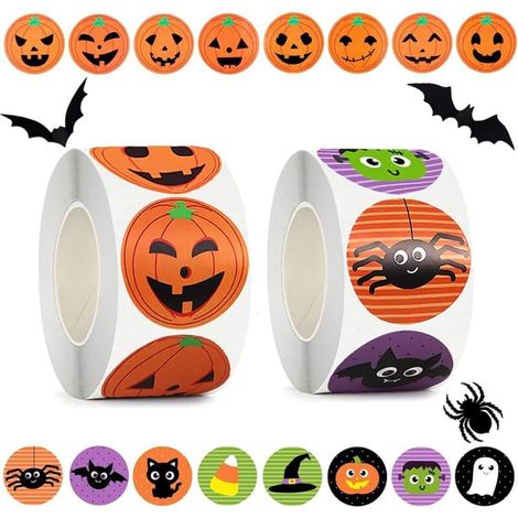 1000 Halloween-Sticker: 2 Rollen mit je 500 Byhoo-Halloween-Stickern, insgesamt 1000 Bögen. Das erste Set enthält 8 verschiedene Kürbis-Sticker. (1/4)