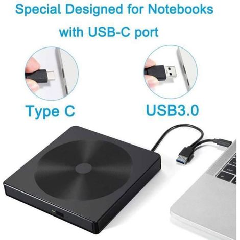 Lecteur Graveur DVD CD Externe - USB 3.0 et Type-C - Compatible Windows Mac Linux - Ultra Fin Portable - 1 Pièce (1/4)