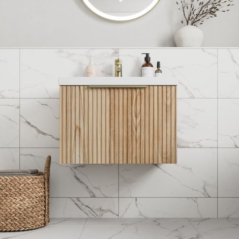 Fluted 600mm Bathroom Vanity Unit White Basin Wall Hung Cupboard Soft Close Oak (1/5)