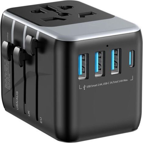 Adaptateur de voyage, adaptateur de prise universel avec 3 USB, adaptateur international France vers États-Unis Canada Royaume-Uni Australie Chine Japon Irlande, prise mondiale vers France, type A/C/G (1/4)