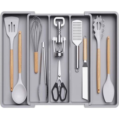 Range Couverts pour Tiroir, Grand Plateau de Couverts Extensible pour la Cuisine, Range Couvert pour Outils et Gadgets, Grand, Gris (1/4)