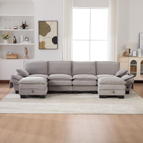 Canapé 4 places velours côtelé, avec deux repose-pieds,mousse haute densité,port USB-C et poches latérales,gris clair (1/5)