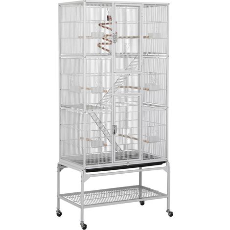 Yaheetech – Volière pour oiseaux 81 x 46,5 x 175,5 cm – Cage à 3 niveaux avec 10 portes – Espacement des barres 1 cm – Chariot à roulettes