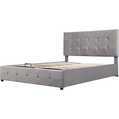 Lit capitonné 140200, lit double avec coffre de rangement à relevage hydraulique, tête de lit capitonnée réglable en hauteur, sommier à lattes en métal, tissu velours doux pour la peau, lit double adu