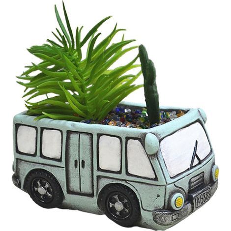 Retro-Auto-Blumentopf, Mini-Sukkulenten-Pflanztopf, Grün-Rosa, mit Heim- und Gartendekoration für Schlafzimmer, Garten oder überall (Leuchtender Buswagen + (1/5)