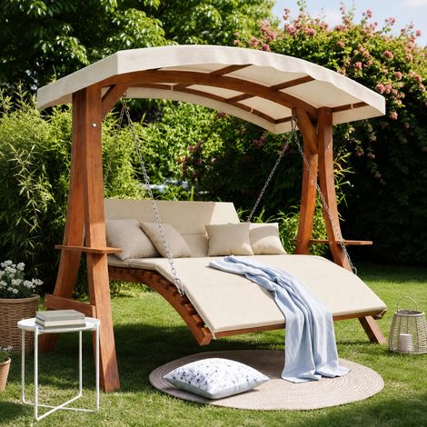 Balancelle de jardin avec dossier réglable, coussins, toit pare-soleil et tablettes latérales, 200x115x187 cm, polyester, naturel (1/5)